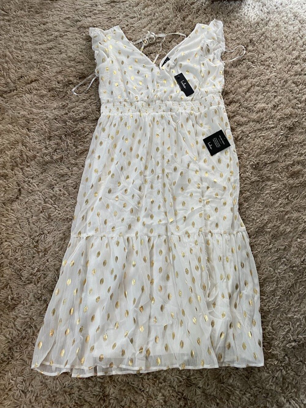 Lulus Cause To Celebrate White And Gold Dot Ruffled Tiered Midi Dress - Size XL - Picture 2 of 4